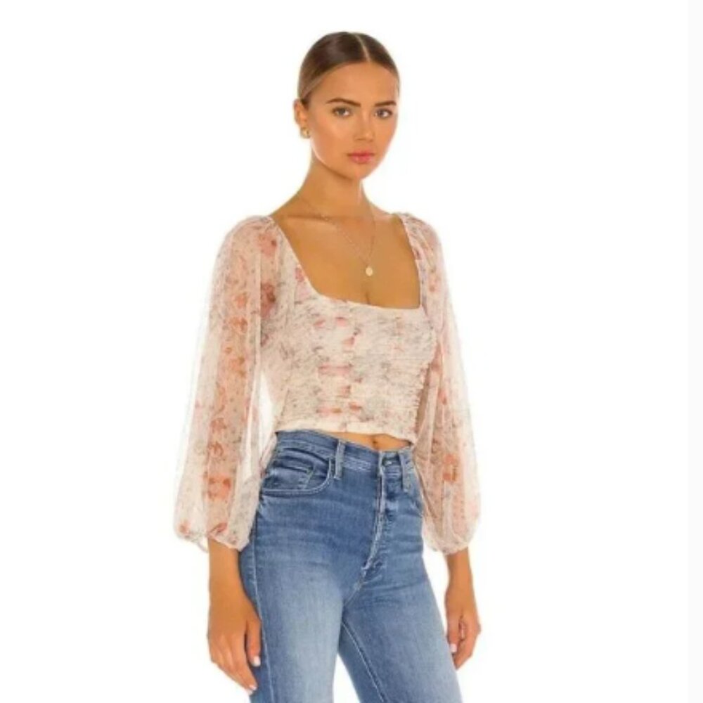 Free People Lilia Ruched Ivory Floral Cropped‎ Top